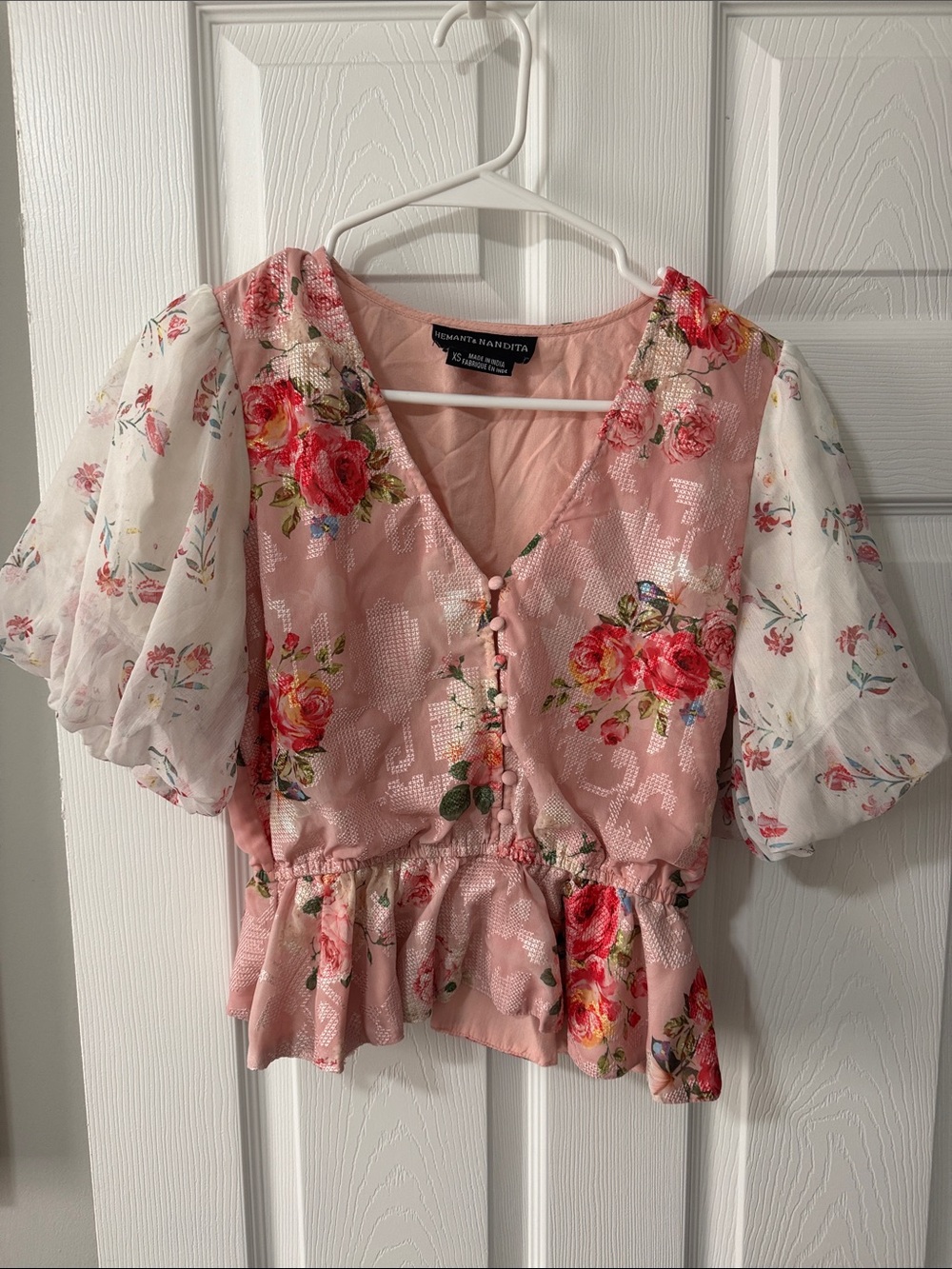 HEMANT & NANDITA Pink Floral Peplum Blouse with Puff Sleeves